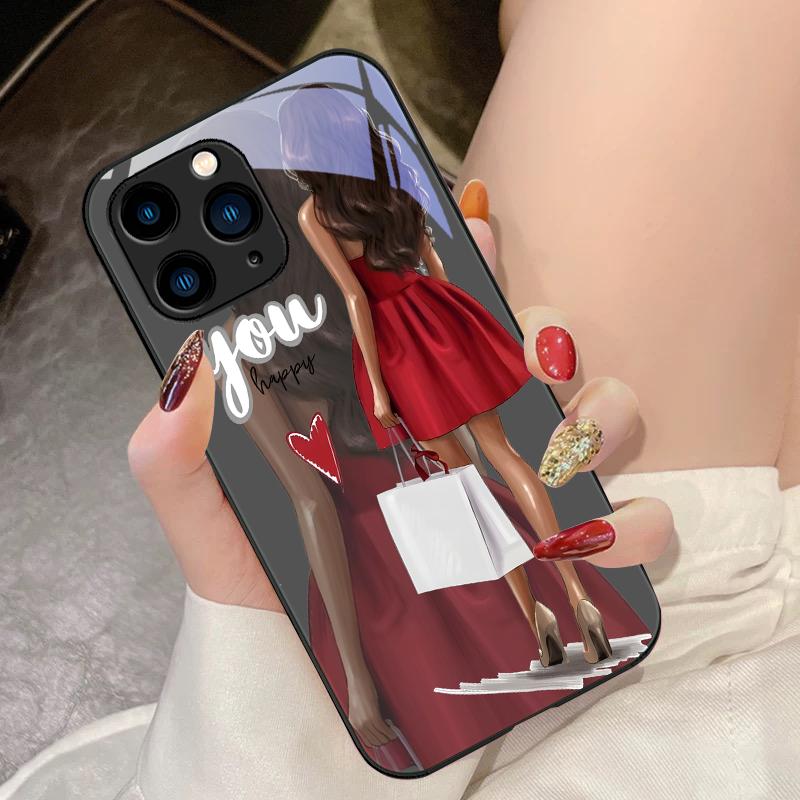 Мультяшная девочка с покупками Для IPhone 15 Pro 14 13 12 Mini 11 XS Max XR 7 8 Plus SE 2020 2022 Закаленное стекло Чехол для телефона