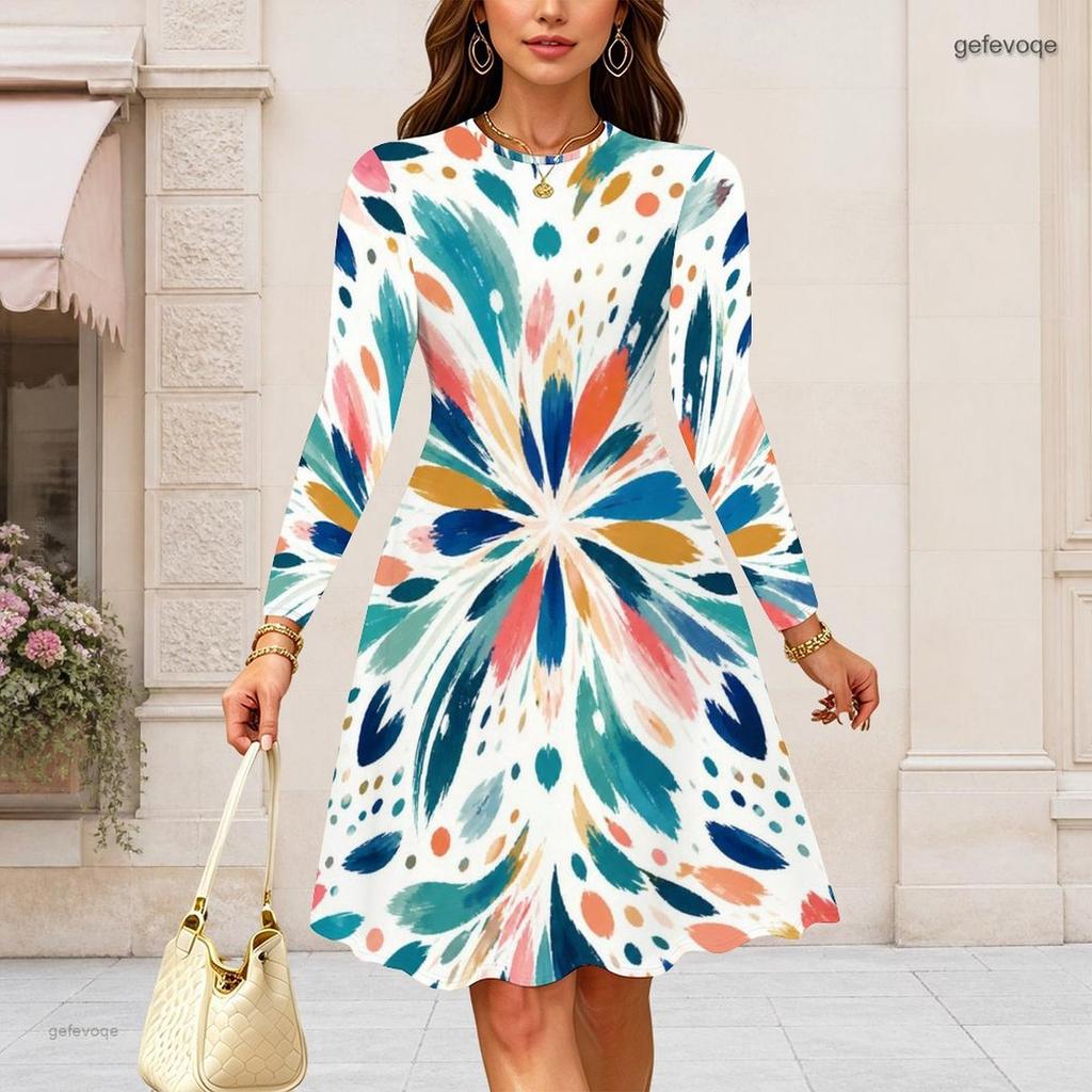 Women Plus Size Round Neck Long Sleeve Black Burgundy Printed A Line Dress
