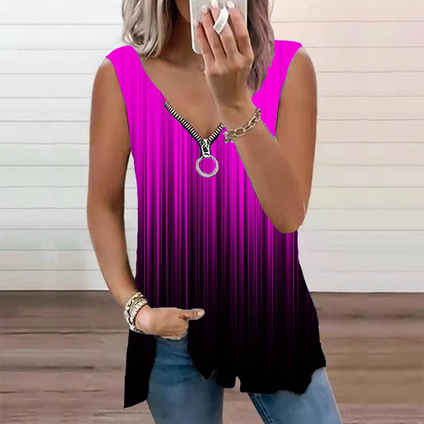 Женский топ, летний новый модный синий топ в вертикальную полоску с принтом, повседневный топ без рукавов на молнии с v-образным вырезом, майка на бретелях