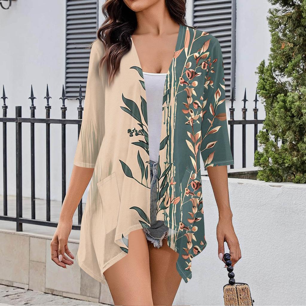 Women's Fall Print Irregular Three-quarter Sleeve Cardigan With Pocket Jacket