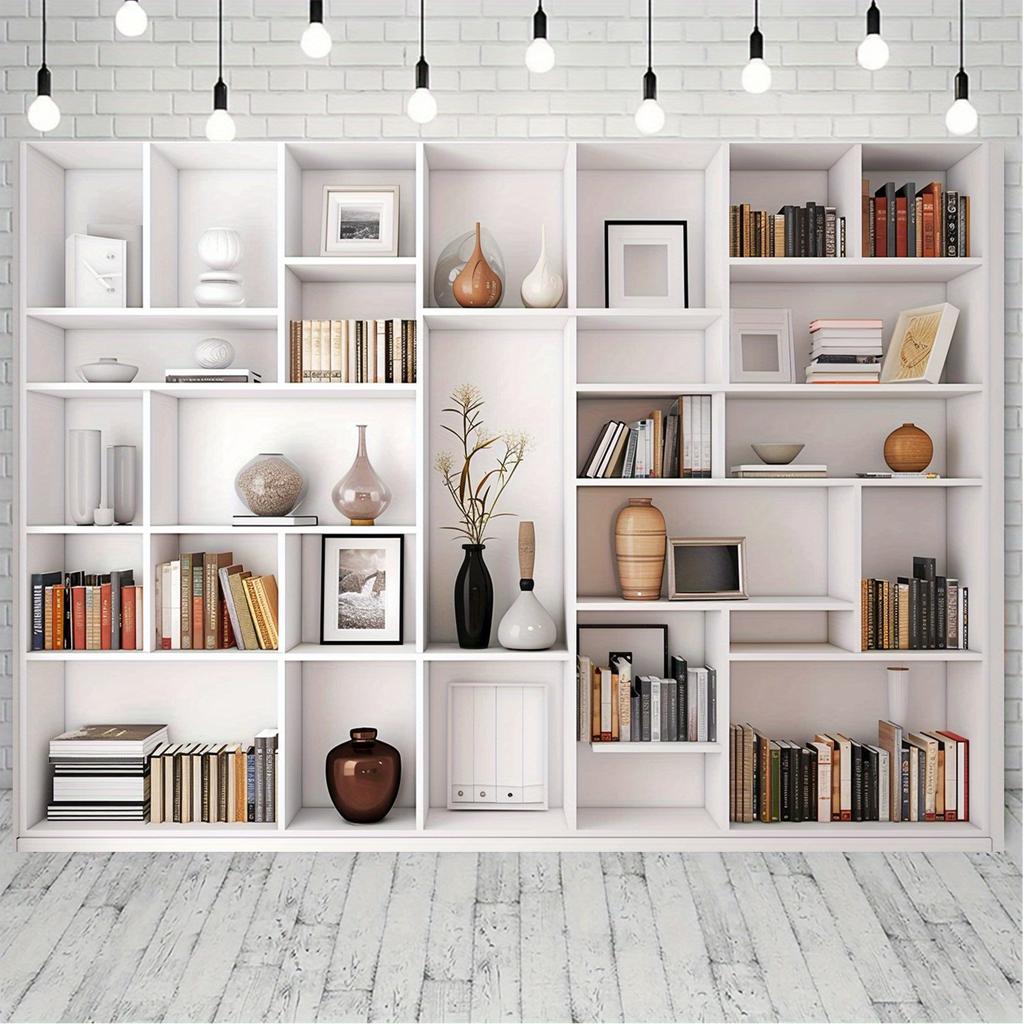 Многофункциональный белый книжный шкаф и офисный фон очень подходят для видеоконференций и домашнего декора.
