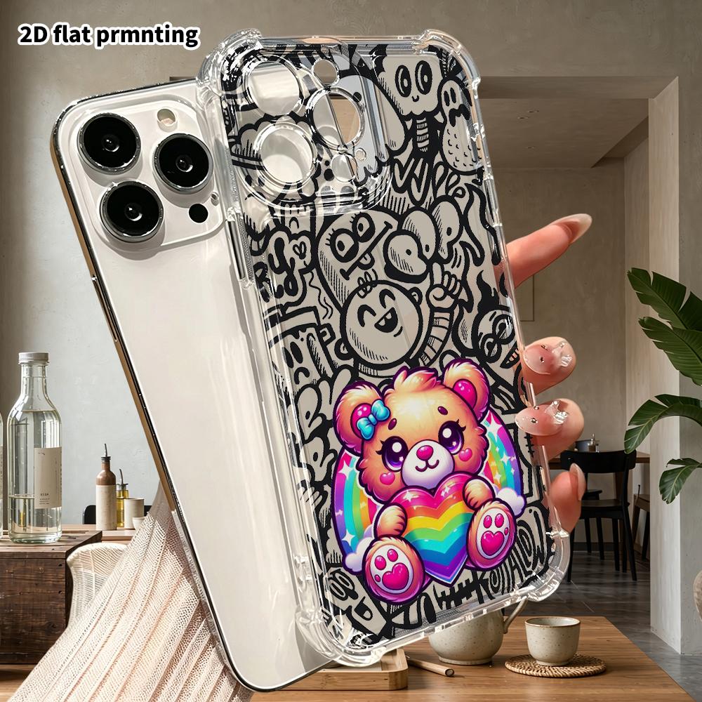 Phone Case: 2D flat suitable for iPhone 18 17 16 15 14 13 Pro, transparent corner protection case, rainbow heart bear, Christmas and Halloween gifts