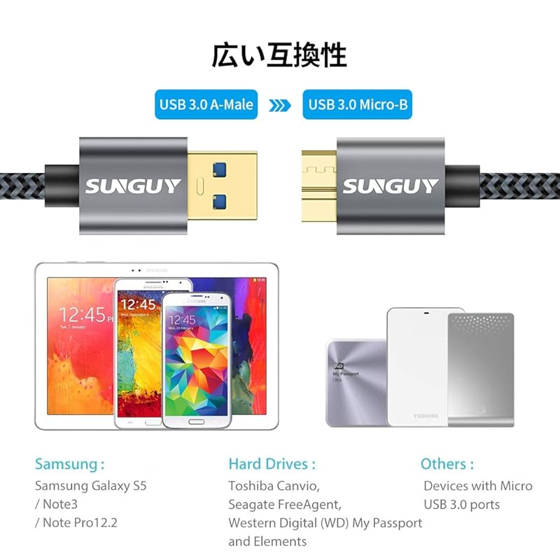 SUNGUY USB3.0 Cable MicroB 0.15M Type A Male - Micro Type B Male USB Cable Short External HDD/SSD Supports Hard drives/HD Cameras, Etc. Micro B