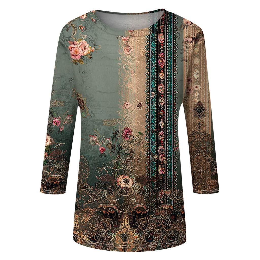 Trendy Vintage 3/4 Sleeve Top For Women,Ladies Casual Three Quarter Sleeve Round Collar Printed T-Shirt Blouse