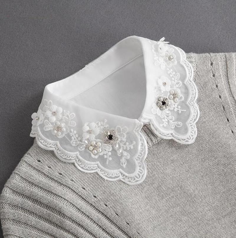Front Tie White Fake Collar Stand Beads Detachable Collar Fake Women Vintage Crystal Lace Ladies False Blouse Collar Half Shirt