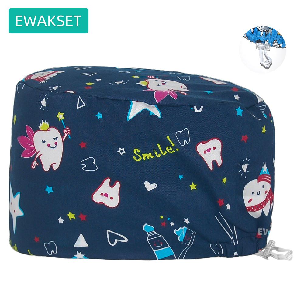Printed Euro Scrub Cap 100% Cotton Medical Surgical Hat Sweatband Adjustable Doctor Nurse Caps Dental Clinic Operating Room Hat