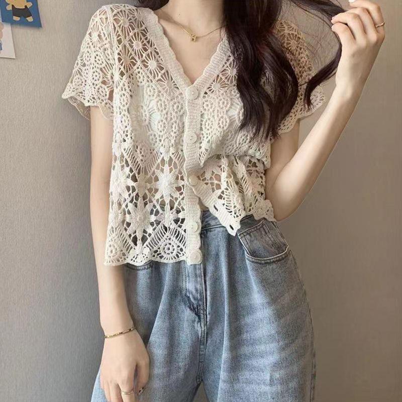 Ажурный вязаный кардиган с короткими рукавами, кружевной, тонкий, шаль, верхняя одежда, летняя мода, женский, приталенный топ