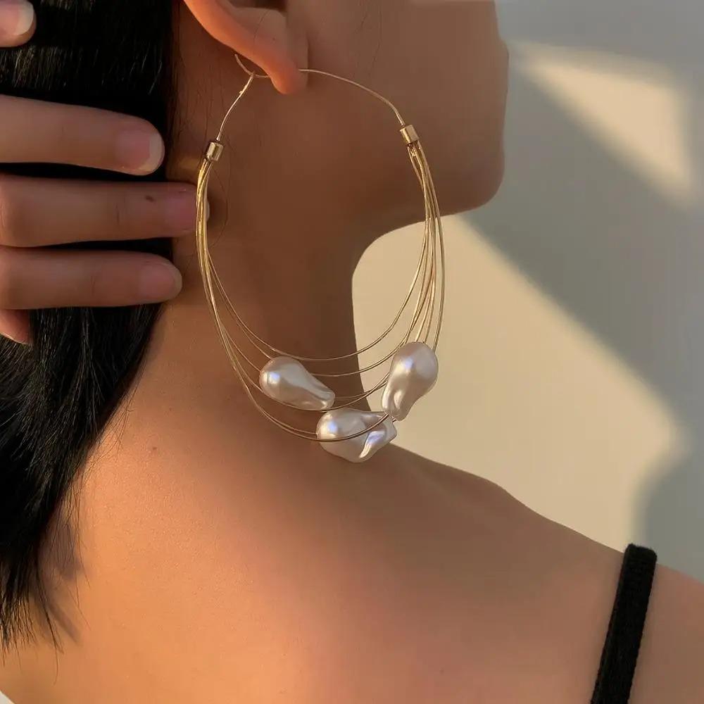 Изысканные серьги-кольца с крупным жемчугом, модные трендовые свадебные серьги для женщин