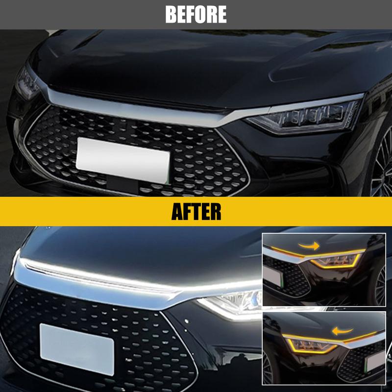 1Pc 1.8m/5.9ft Flexible Car Hood LED Meteor Strip Lights White Yellow Dynamic Scan Start Up Hoodbeam Kit For SUVs Trucks Vans