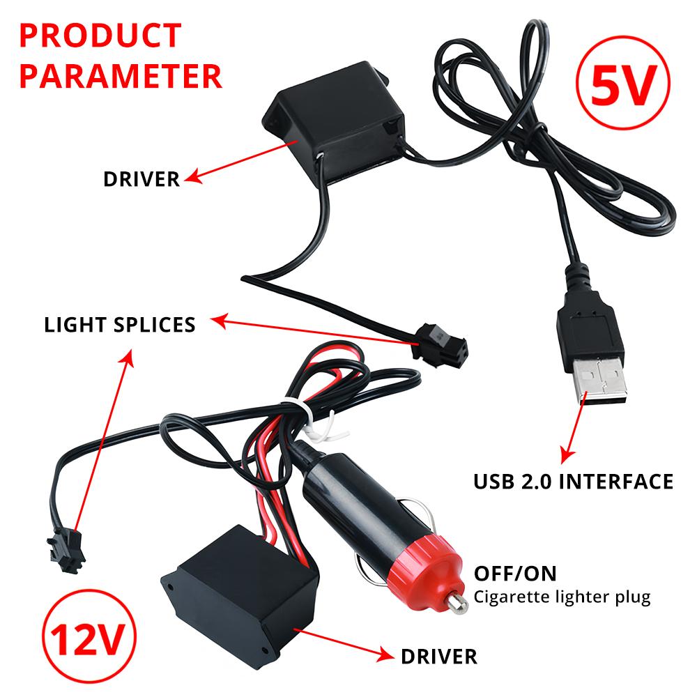 1M 2M 3M 5M Автомобильное внутреннее освещение Автоматическая светодиодная лента Проводной трос Трубка Линия Гибкий неоновый свет с 12 В USB-прикуривателем