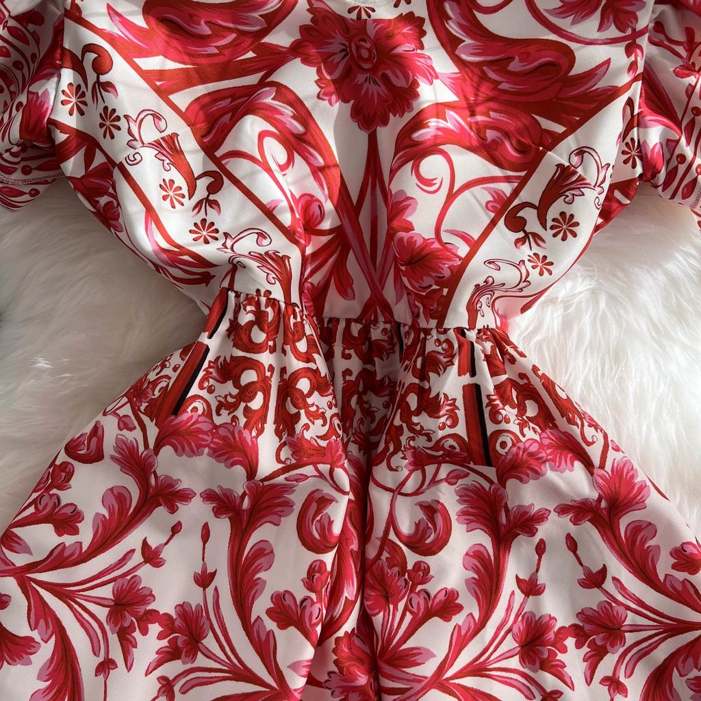 Summer Women V-neck Print Long Maxi Holiday Beach Dresses