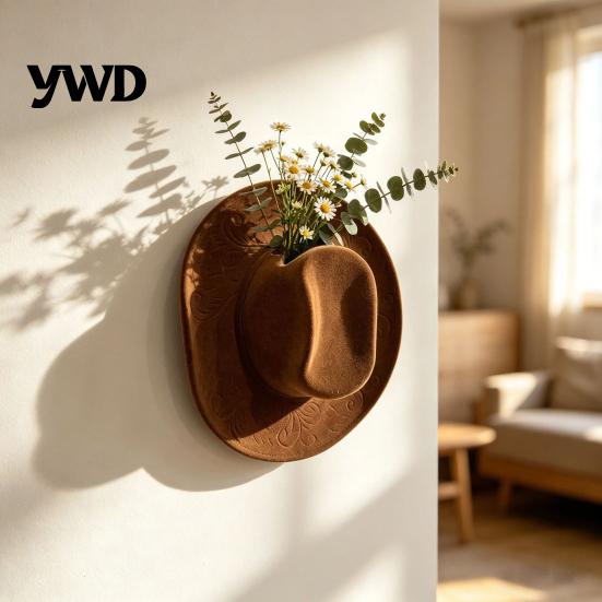 Western Style Wall Art Cowboy Hat Shaped Mounted Vase, Retro Flower Decorative Sculpture Holder for Dried Artificial Flowers, Farmhouse Decor Hanging