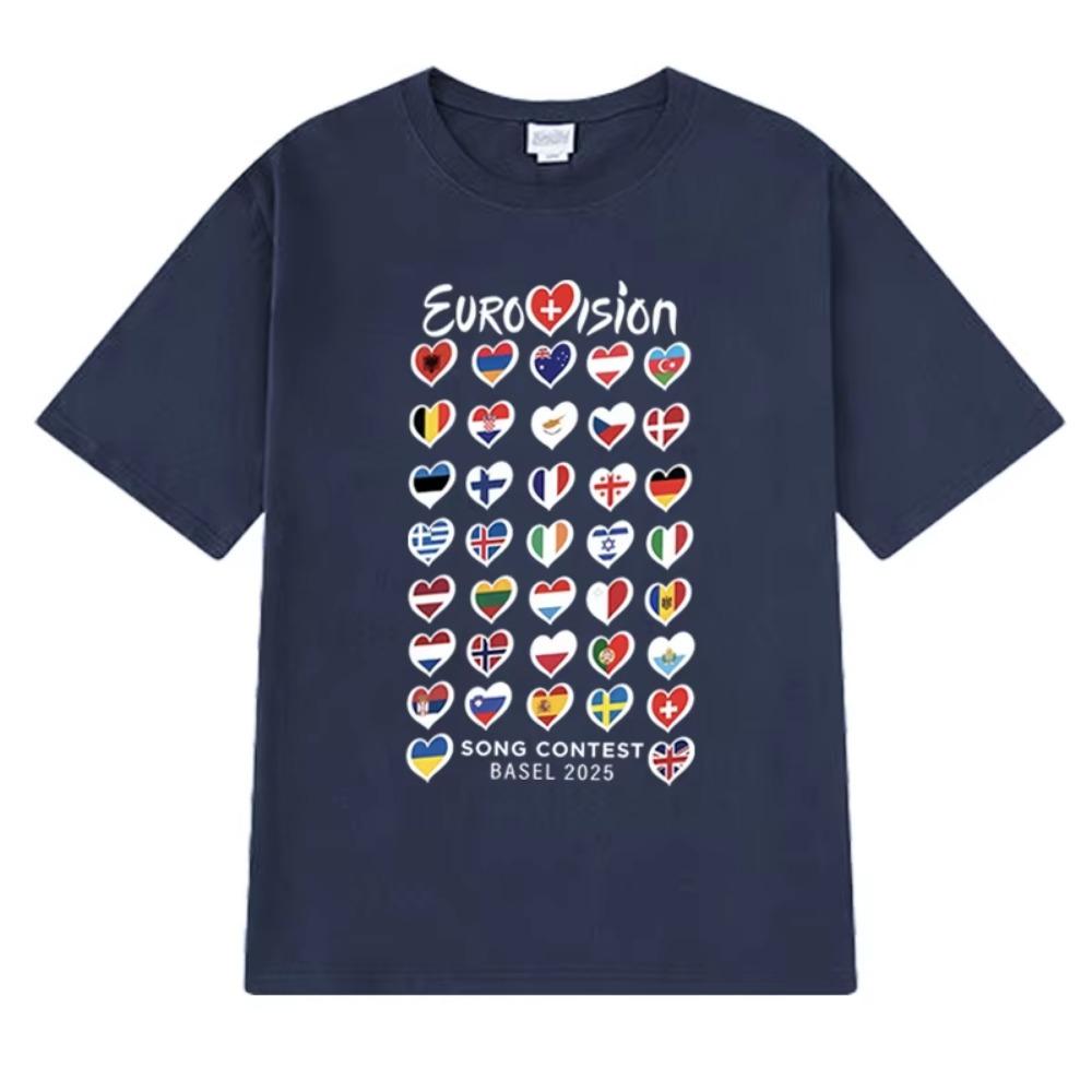 Летняя мода Евровидение Песня 2025 Флаги напечатанная футболка Новые унисекс Оверсайз футболки с коротким рукавом Унисекс 100% одежда
