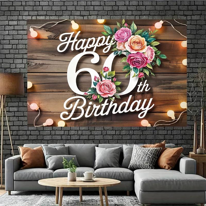 2D 60th Birthday Banner Rustic Wooden Floral Background for Women 60th Birthday Party Decoration