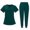 Women's Short Sleeved Solid Color V Neck Pocket Top Pants Work Clothes Two Piece Set