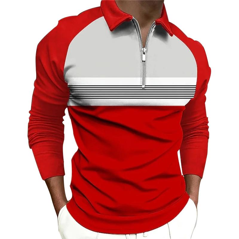 Men Fashion Spring Autumn Casual Long Sleev Zipper Polo Shirt , Men Spell Color Golf Polo Shirt Tops .