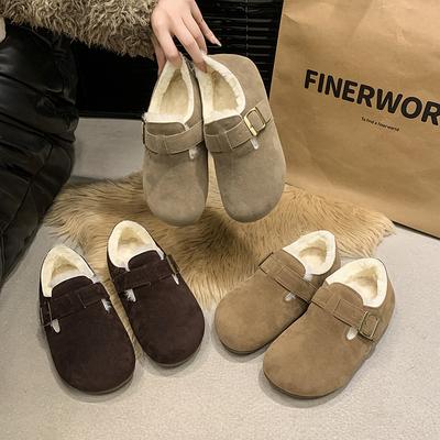 Мода 2025 Новые Женские Модные Высококачественные Универсальные Меховые Балетки Короткие Женские Модные Туфли с Пряжкой Мягкая Подошва Хлопковые Туфли Замшевые Теплые Туфли