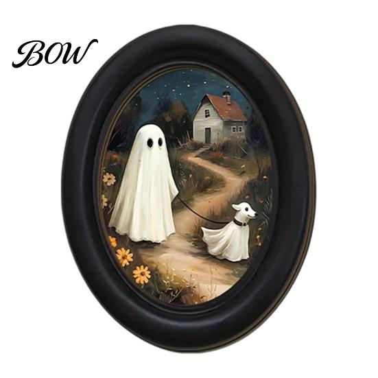 Sweet Cool Halloween Sign Gothic Oval Wooden Hanging Plaque, Vintage Black Cat Ghost Wall Retro Oil Painting Style Sign, Waterproof Decorative Art for