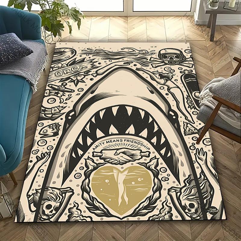 3D Shark Theme Printed Carpet Edgy Nautical Horror Statement Rug for Living Rooms Bedrooms, Office Areas, Durable Washable Mats