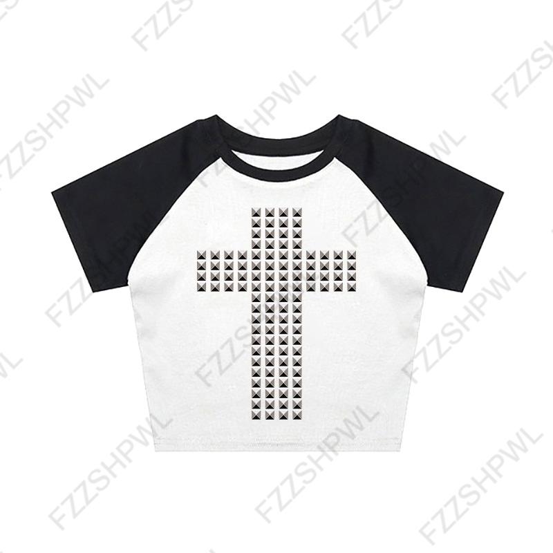 VAYLA Готическая Панк Рок Хип Хоп Женская Футболка с Коротким Рукавом Сексуальная Приталенная Шикарная Повседневная Базовая Металлический Декор Кроп-топы Y2K Эмо Одежда для Девушек