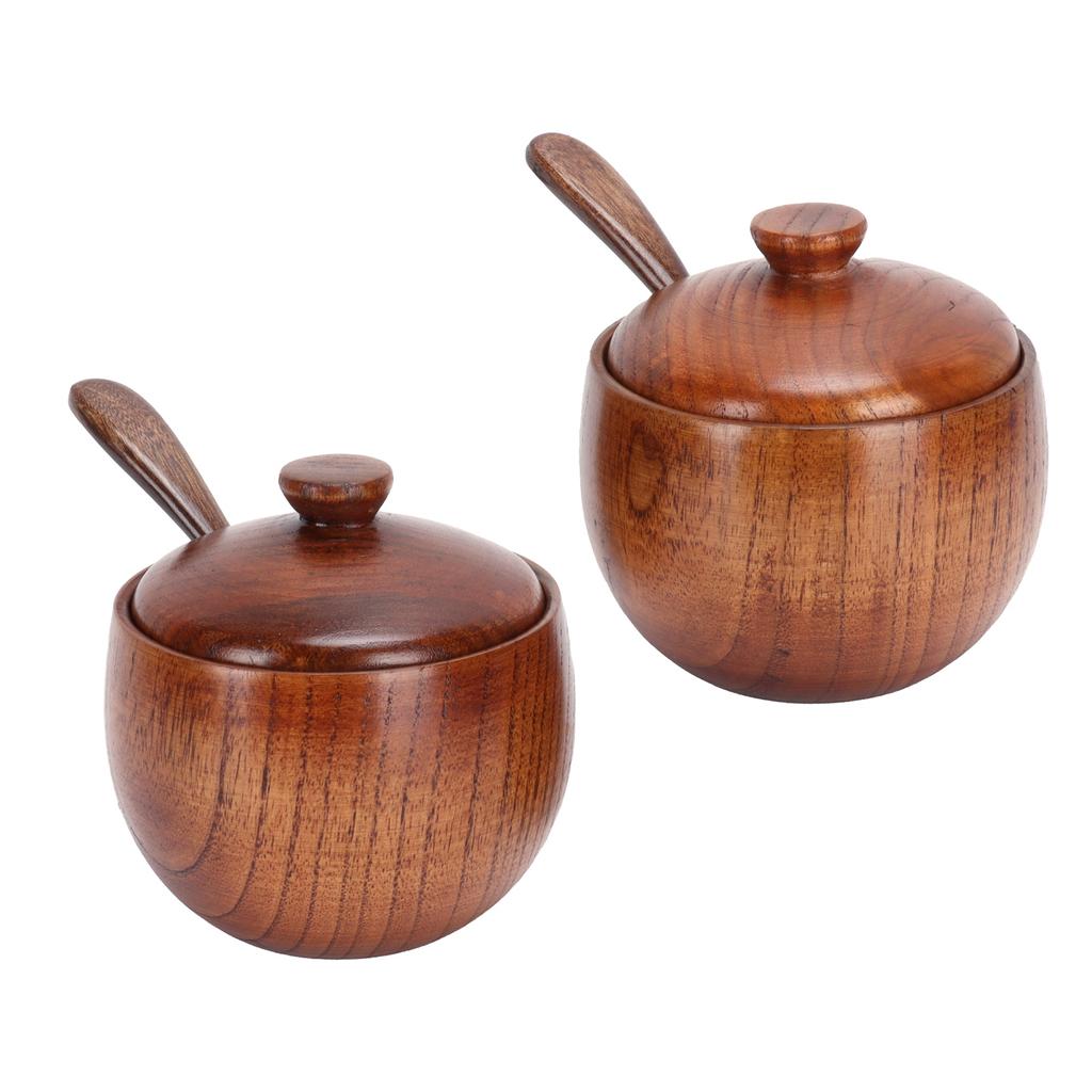 2Set Japanese Seasoning Jar Retro Wooden Condiment Container with Lid and Spoon for Kitchen