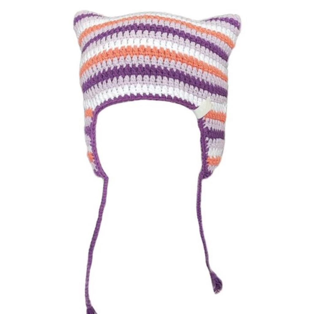 Cat Ear Beanie Hat for Women Harajuku Style Star/Stripe Skull Hat Handmade Crochet Hat Y2K Cool Girls Warm Headpieces