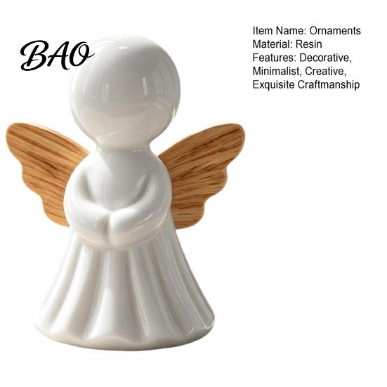 White And Wood Style Decor Minimalist Angel Figurine with Texture Wings, Compact Statue, Halloween Decorative Ornaments Sculpture for Home Office Desk