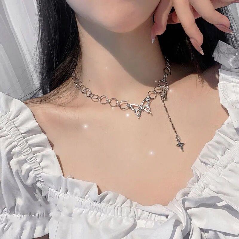 Silver Color Butterfly Choker Pendant Necklace Women Gift Necklace Light Luxury Punk Geometric Sweet Cool Clavicle Neck Jewelry