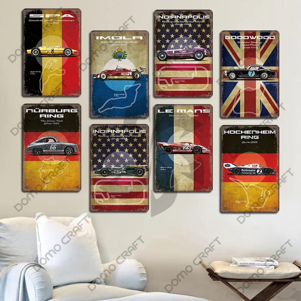 Racing Car Plaque Metal Tin Sign F1 Racetrack Vintage Poster Wall Art Decor for Garage Racing Club Home Wall Decoration