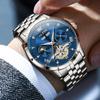 OLEVS механические автоматические часы с фазами Луны стильные скелетонированные водонепроницаемые популярные светящиеся часы для мужчин синие мужские