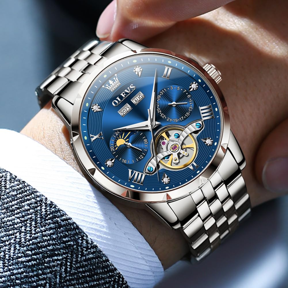 OLEVS механические автоматические часы с фазами Луны стильные скелетонированные водонепроницаемые популярные светящиеся часы для мужчин синие мужские