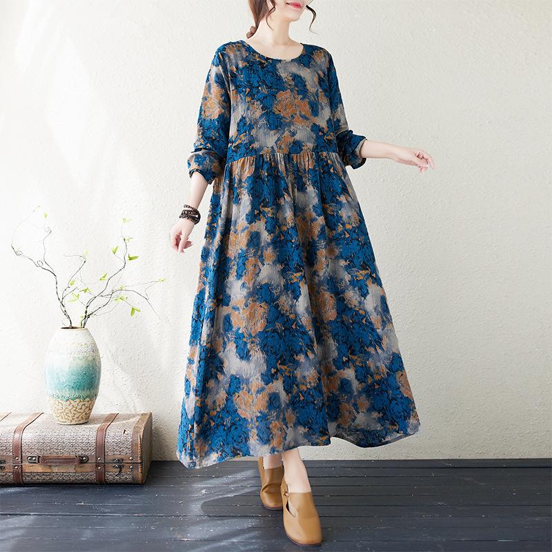 Осеннее хлопковое конопляное платье с круглым вырезом, свободного размера, с длинным рукавом, для женщин, винтажные платья в стиле бохо