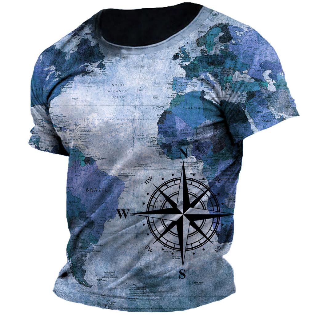 Летние винтажные мужские футболки с изображением компаса, дышащие свободные топы с круглым вырезом и короткими рукавами, уличная повседневная одежда унисекс