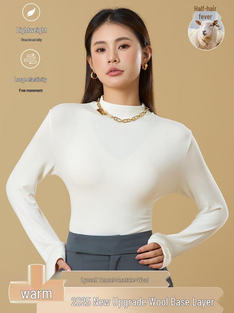 Women's Tencel Wool Acetate High Elastic Stand Collar Slim Fit Long Sleeve Base Layer Top for Autumn/Winter Warmth.