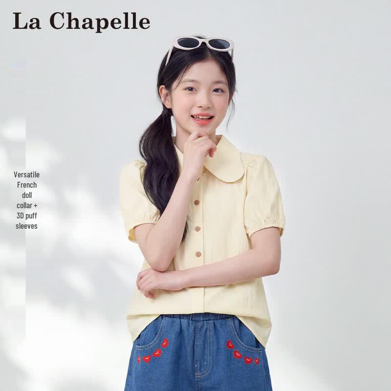La Chapelle Girls' Puff Sleeve Shirt with Doll Collar