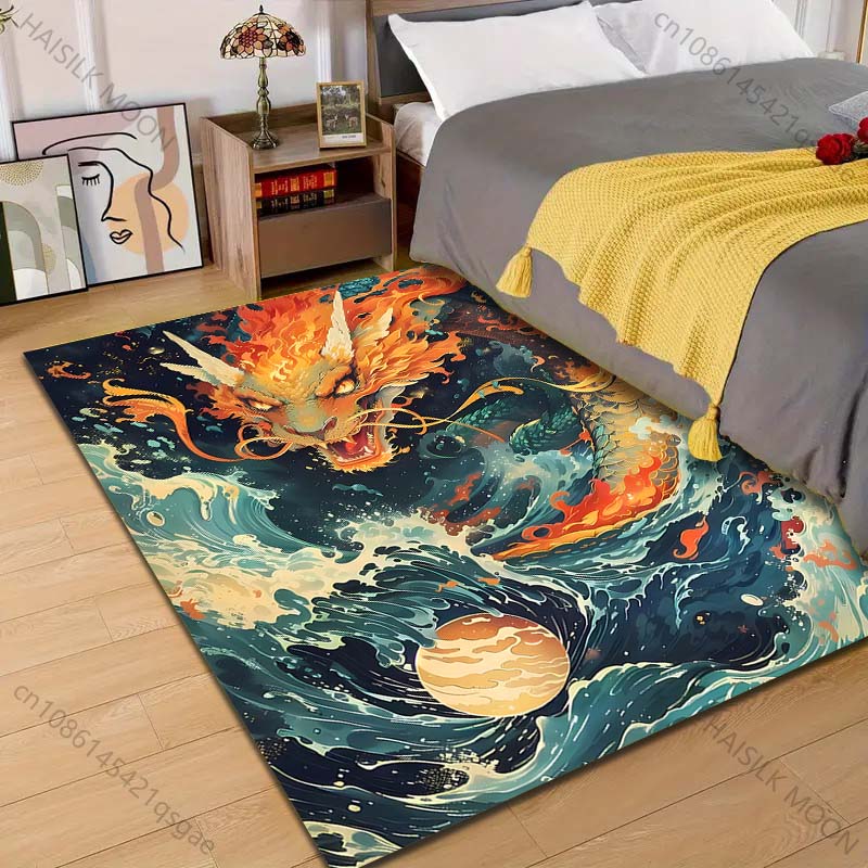 1PC Fiery dragon with waves and moon Print Carpet Rug for Living Room Bedroom Sofa Doormat Home Decor Non-slip Floor Mat