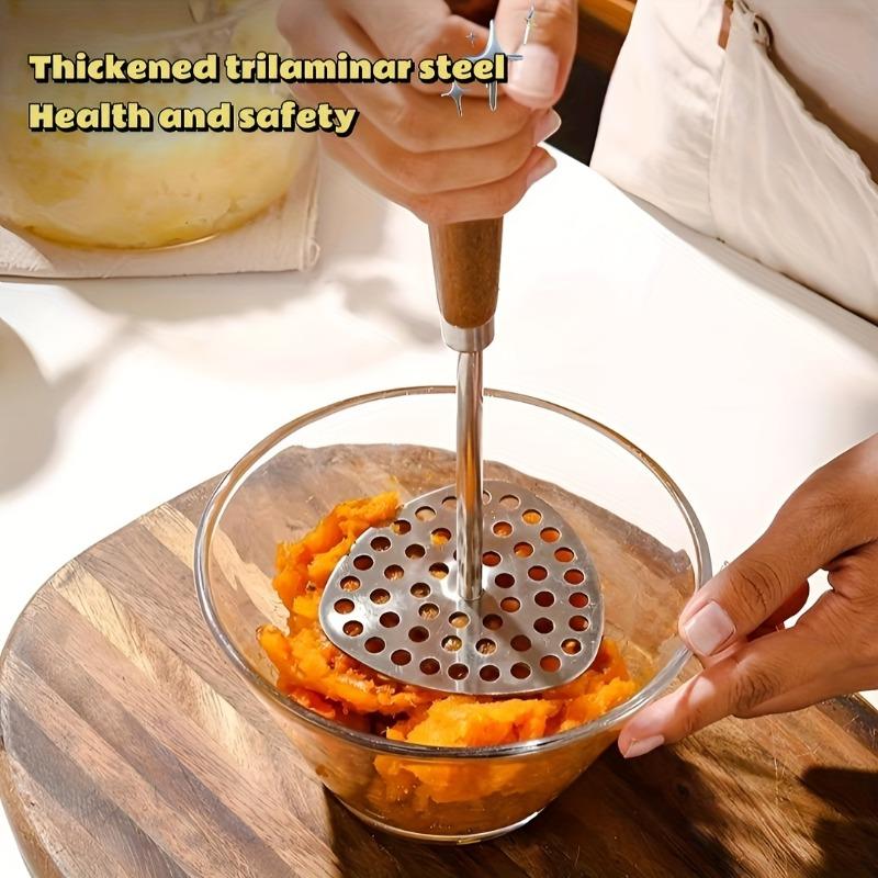 1Pc Lightweight Durable Kitchen Gadget Handheld Stainless Steel Potato Masher With Wood Handle Multifunctional Food Crusher For All Kinds Of