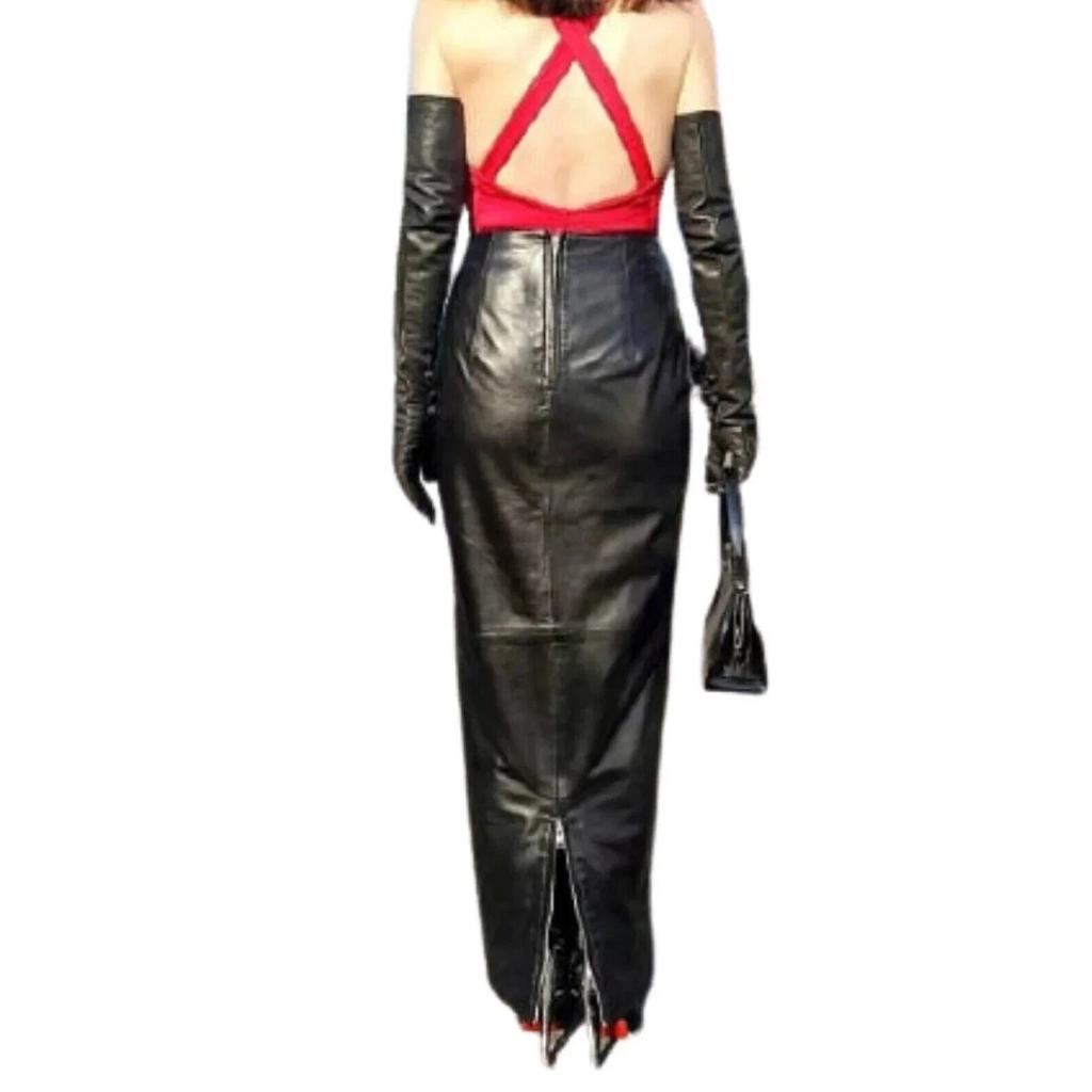 Женская юбка из натуральной овчины длинная черная ручной работы кожаная стильная для вечеринки мягкая