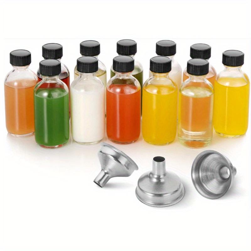 12-piece Set of Small Clear Glass Bottle with Cap and 3 Stainless Steel Funnel - 60ml Boston Sample Bottle of Potion, Juice, Health, Ginger, Whiskey,