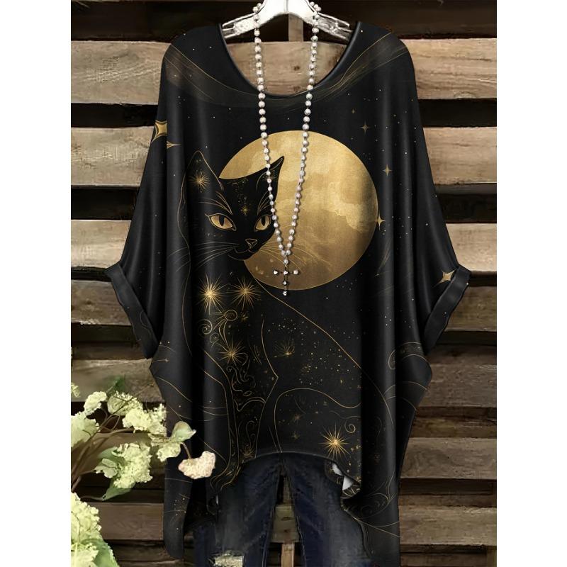 Большой размер, Женская повседневная футболка большого размера с коротким рукавом - Фиолетовый цветочный принт, Эластичный полиэстер, Круглый вырез, Можно стирать в машине, Комфорт круглый год