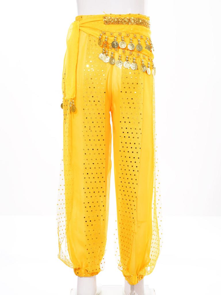 Kids Girls Belly Dance Performance Pants Sequined Dots Chiffon Trousers Bloomers with Tassels Waist Chain Hip Scarf