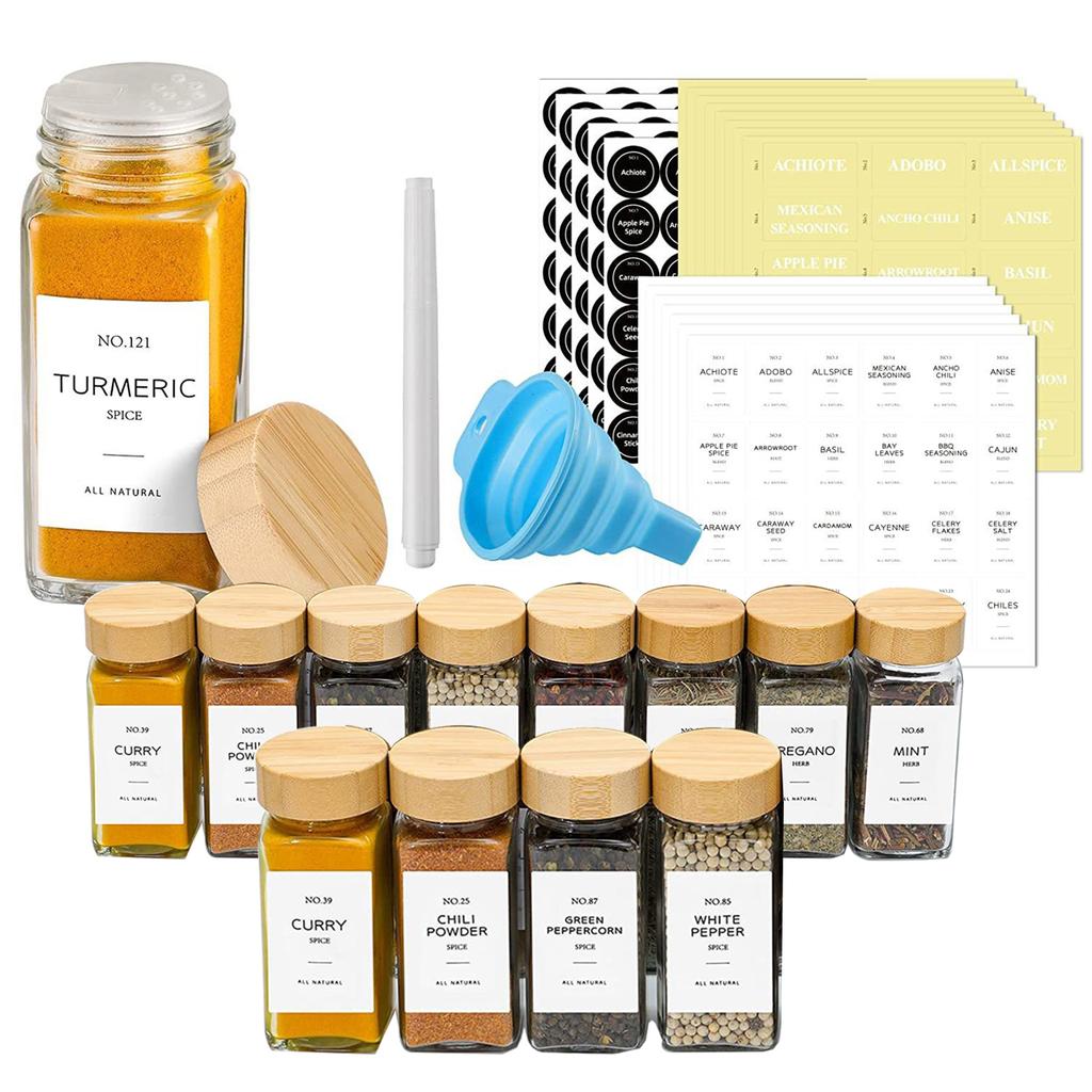 12 шт. / Набор стеклянных банок для специй с бамбуковой крышкой, контейнеры для специй, солонки, перечницы, органайзеры для специй на кухню