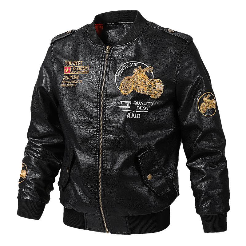 Autumn/Winter Leather Men's and Fleece Motorcycle Leather Jacket Trend Youth Baseball Clothing Embroidered Leather Jacket