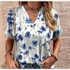 Женская футболка с V-образным вырезом, 3D-принт с цветочным принтом в стиле ретро, повседневная одежда с короткими рукавами
