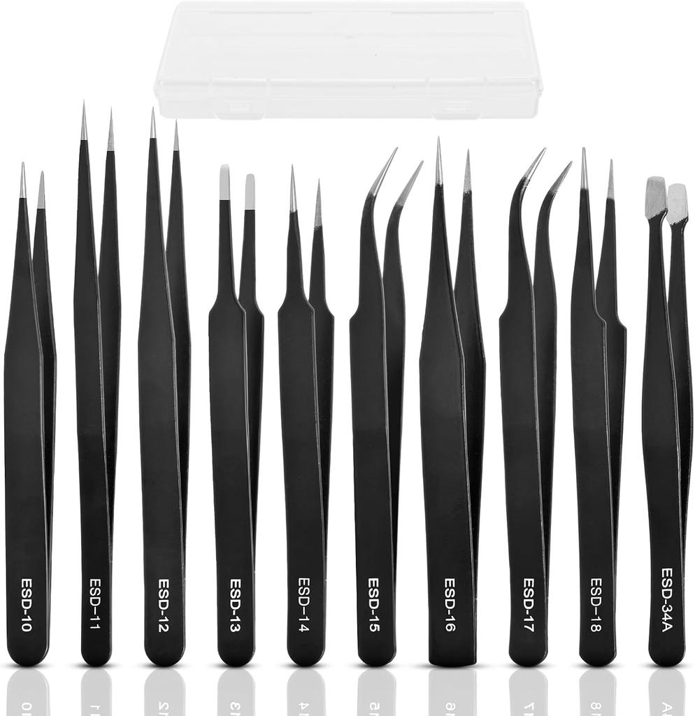 10Pcs Precision Tweezers Set, Upgraded Anti-Static Stainless Steel Tweezers with Storage Box, for Craft, Electronics, Jewelry-Making, Laboratory