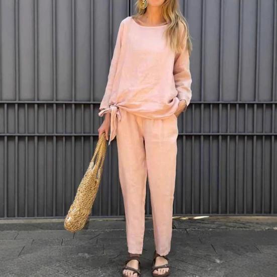 2 шт./компл. Женский костюм топ и брюки однотонный с длинными рукавами и круглым вырезом