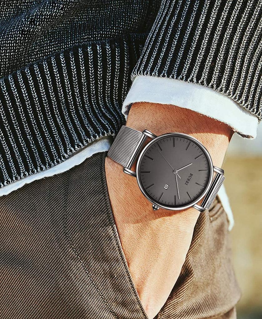 BUREI Men's Analog Quartz Waterproof Date Stylish Simple Milanese Mesh Band Silver Gray Wristwatch
