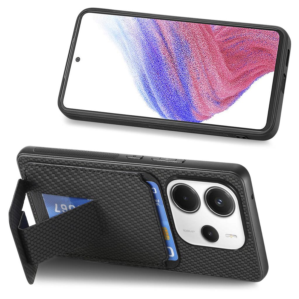 For Xiaomi Redmi Note 14 5G Case Card Holder Carbon Fiber Texture Leather Coated TPU Phone Cover