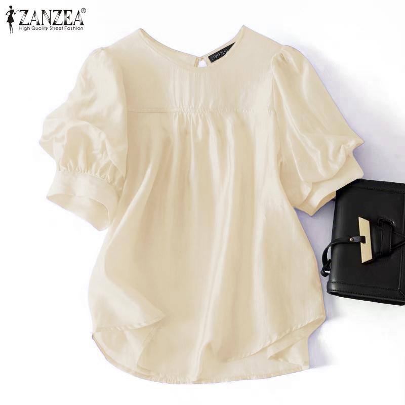 ZANZEA Women Casual Round Neck Summer Short Sleeve Plain Blouse