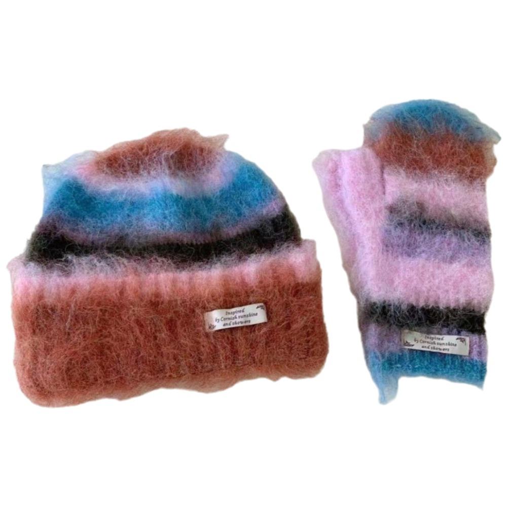 Plush Striped Knitted Hat Rainbow Color Wool Hat Soft Mohair Gloves Autumn Winter